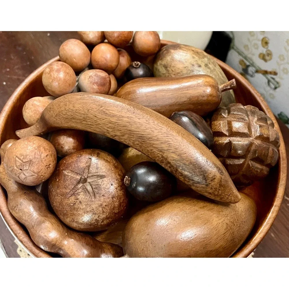 Vintage MCM Hand-Carved Wooden Fruit Bowl Centerpiece 15 Piece Set